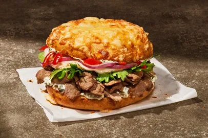 Panera Spicy Steak Asiago Bagel Stack with Price & Nutrition Facts 1 Spicy Steak Asiago Bagel Stack